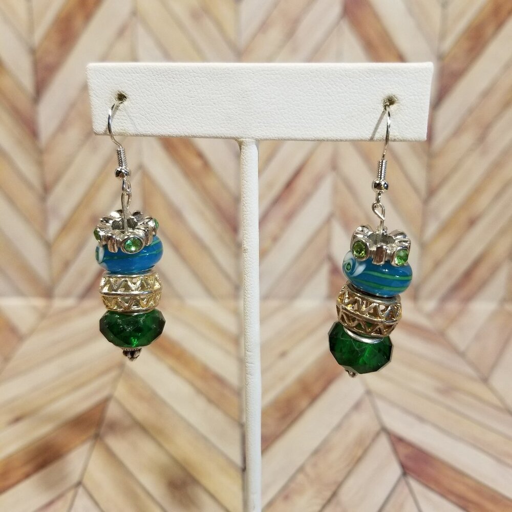 Blue, Green, and Silver Dangling Earrings